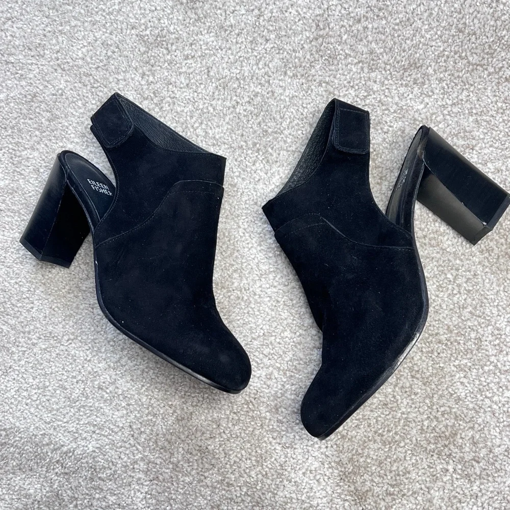 Eileen Fisher Suede Leather Almond Toe Slingback Heels Black 7.5